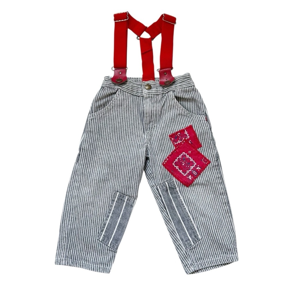 Vintage Retro OshKosh B'gosh Railroad Striped Overalls w/ Suspenders & Patches